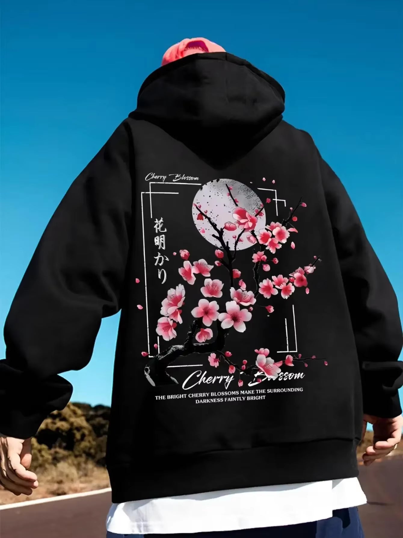 2025 Fashion Men'S Autumn Cherry Blossoms and Moon Printed Patterns Soft and Comfortable Hoodie Outdoor Streetwear