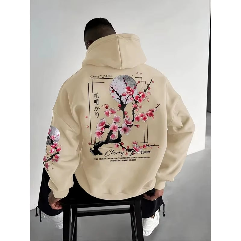2025 Fashion Men'S Autumn Cherry Blossoms and Moon Printed Patterns Soft and Comfortable Hoodie Outdoor Streetwear