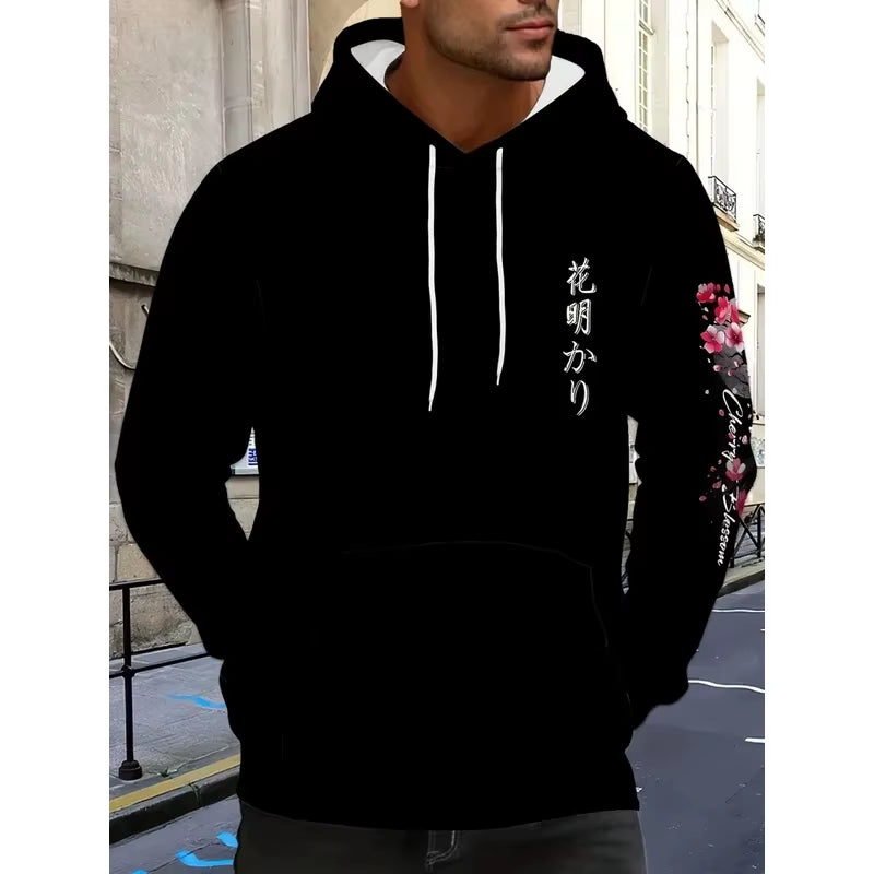2025 Fashion Men'S Autumn Cherry Blossoms and Moon Printed Patterns Soft and Comfortable Hoodie Outdoor Streetwear