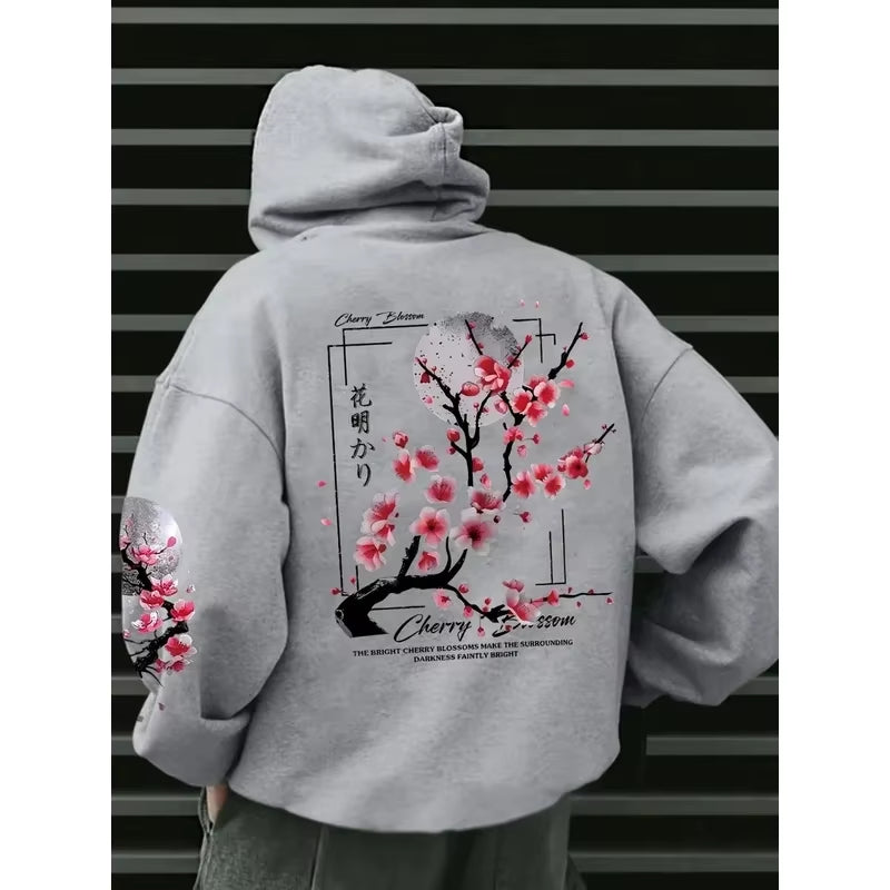 2025 Fashion Men'S Autumn Cherry Blossoms and Moon Printed Patterns Soft and Comfortable Hoodie Outdoor Streetwear