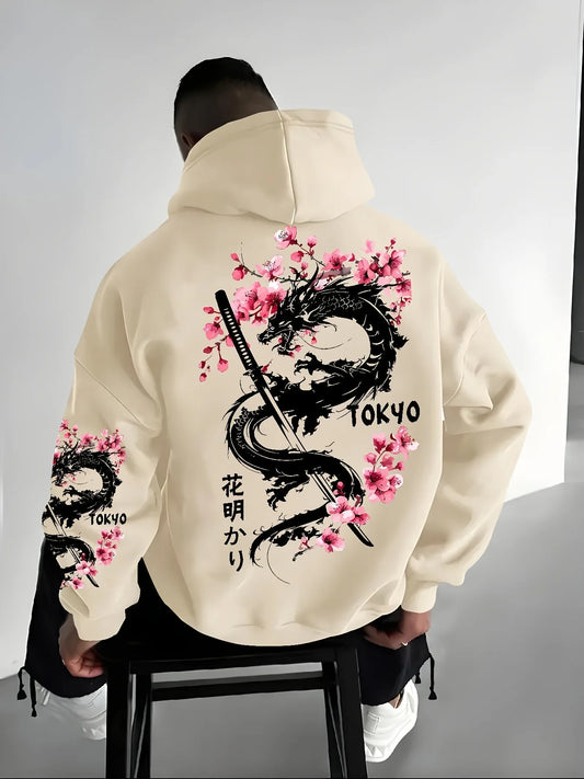 New Men'S Anime Dragon Cherry Blossom Printed Hooded Sweatshirt Winter Fleece Warm Casual Street Comfort Inspired Design Hoodie